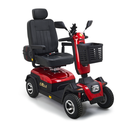 Meet the Golden Tech Eagle HD Bariatric 4-Wheel Scooter: a red marvel for outdoor adventure. Equipped with a comfortable black seat, armrests, a sturdy design, a front basket, adjustable handlebars with mirrors, and a powerful headlight—its built for superior off-road performance.