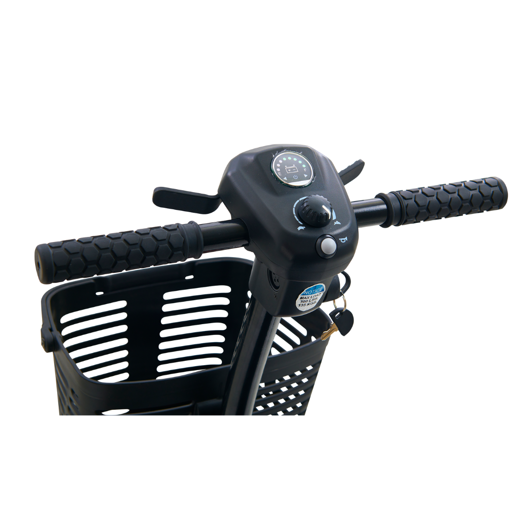 Close-up of Golden Tech GB108 Buzzaround LT 4-Wheel Mobility Scooters handlebars featuring a digital display, throttle, and key slot. It has textured grips on both sides and a black basket below against a white background.