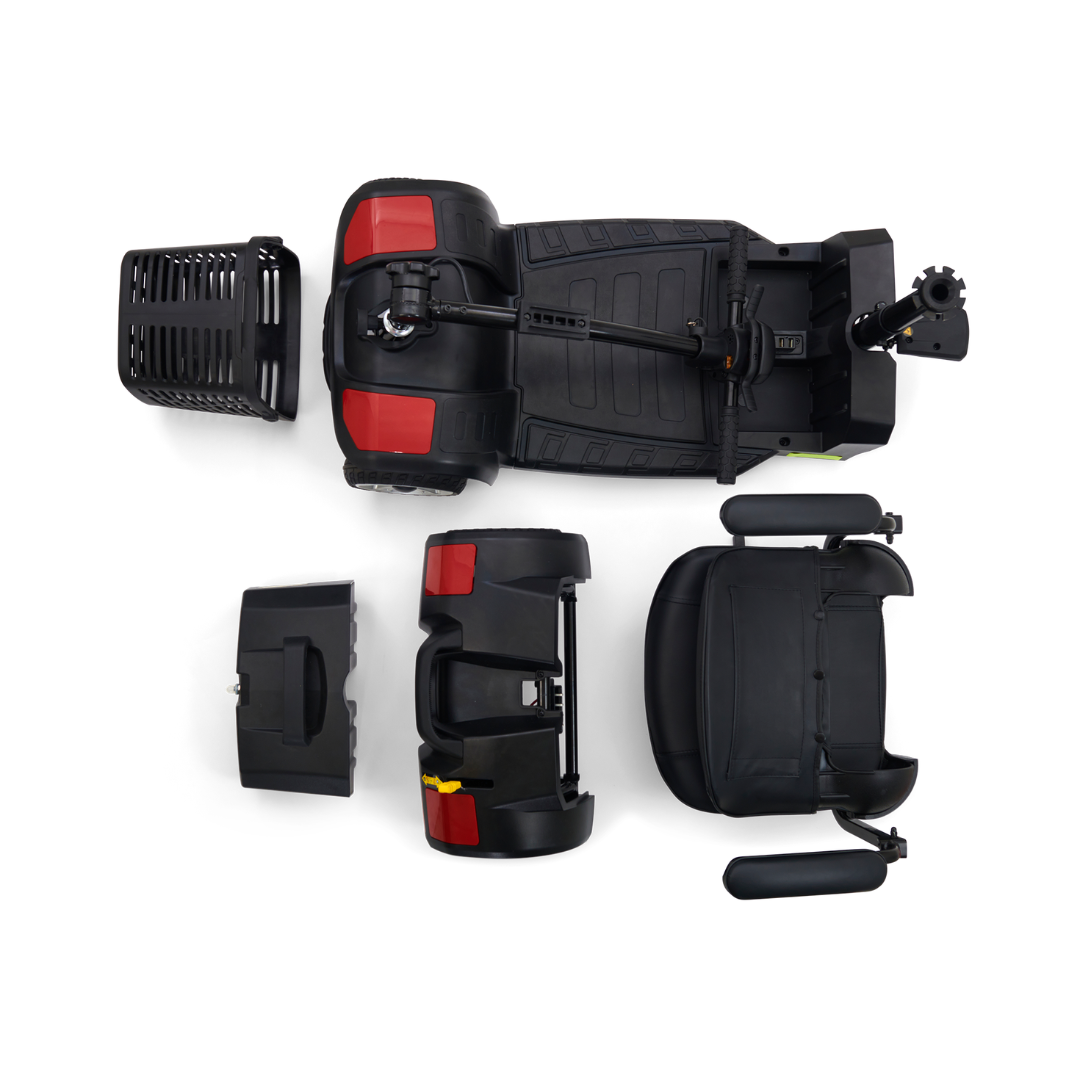 The disassembled Golden Tech GB108 Buzzaround LT 4-Wheel Mobility Scooter in black displays its FDA-approved components—seat, basket, base, battery pack, and tiller—clearly against a white background.