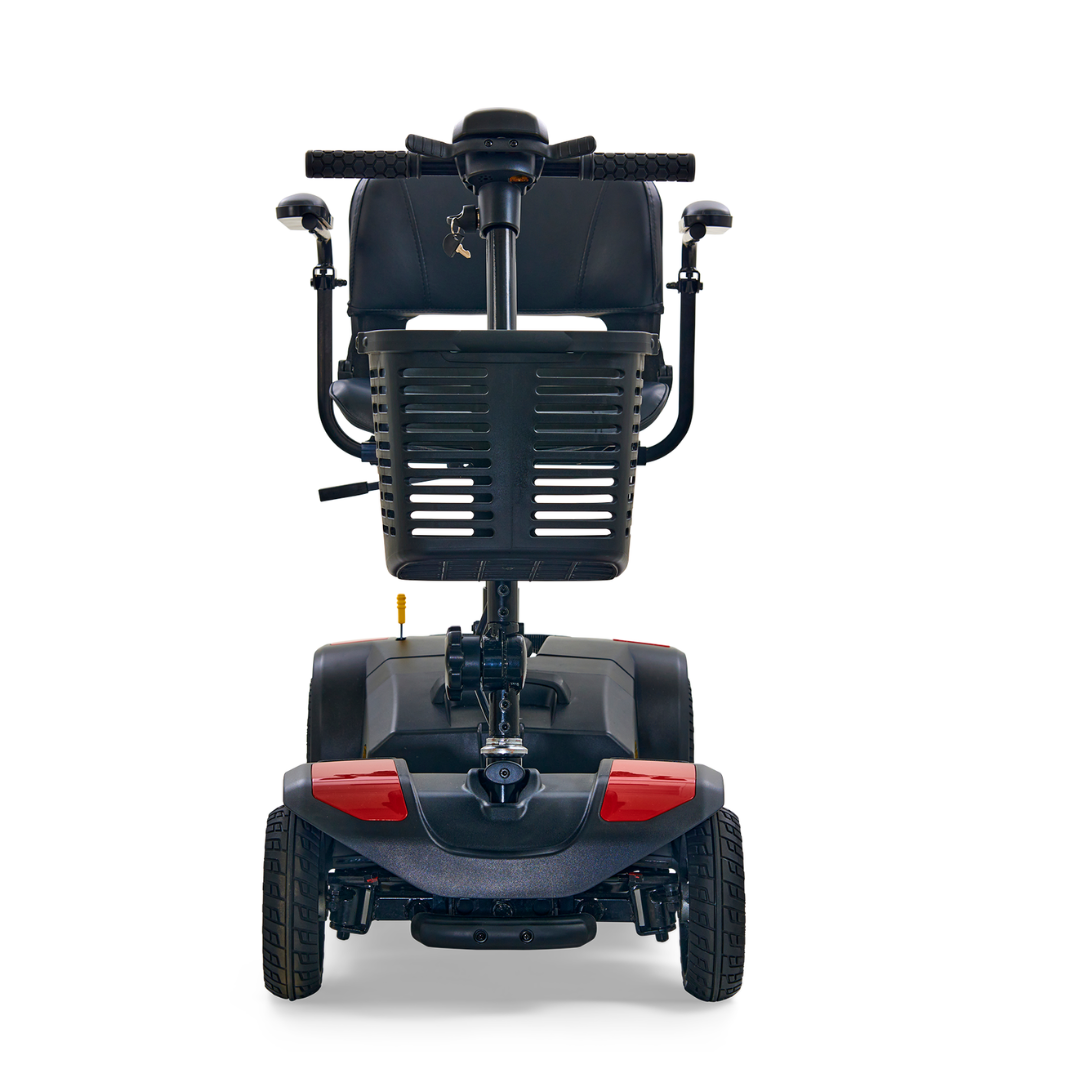 Rear view of the Golden Tech GB108 Buzzaround LT, a black mobility scooter with red accents. It vividly showcases the backrest, handlebars, and wheels of this FDA-approved 4-wheel medical device by Golden Mobility Devices.