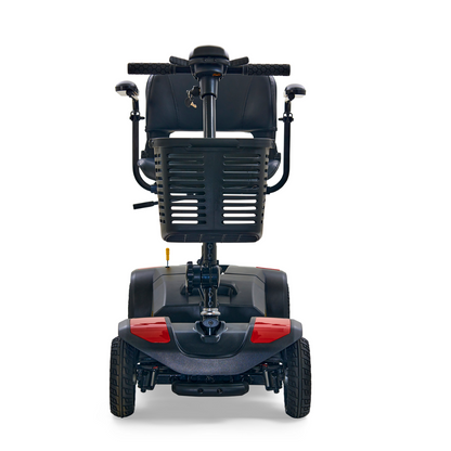 Rear view of the Golden Tech GB108 Buzzaround LT, a black mobility scooter with red accents. It vividly showcases the backrest, handlebars, and wheels of this FDA-approved 4-wheel medical device by Golden Mobility Devices.