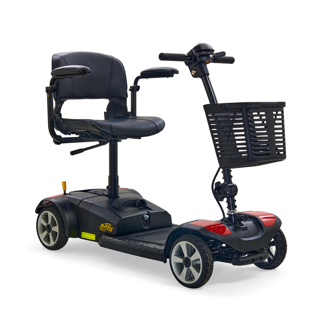 The Golden Tech GB108 Buzzaround LT 4-Wheel Mobility Scooter is a black and red mobility aid from Golden Mobility Devices. It features a padded seat, armrests, steering handle with controls, front basket, and is FDA approved to enhance personal transportation and boost independence.