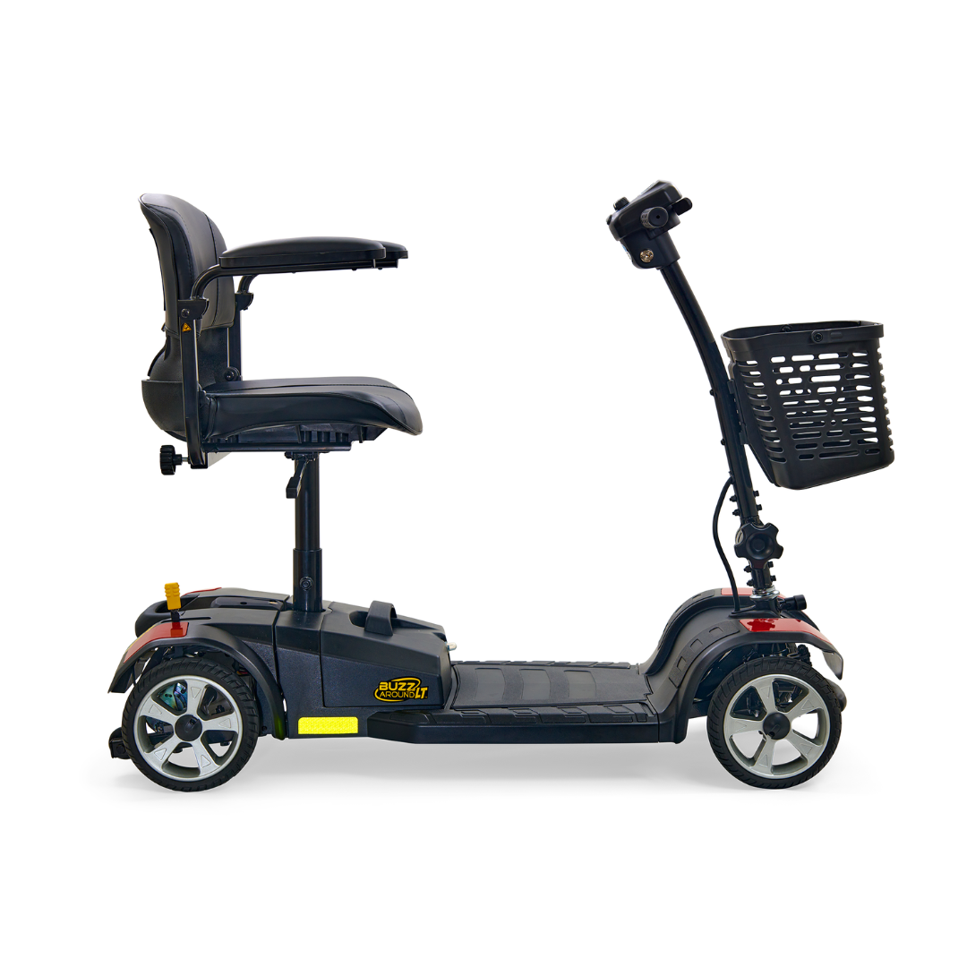 The Golden Tech GB108 Buzzaround LT is a black 4-wheel mobility scooter with a comfortable seat and backrest. This FDA-approved medical device includes a front handlebar basket for carrying items, highlighting the quality and convenience of Golden Mobility Devices.