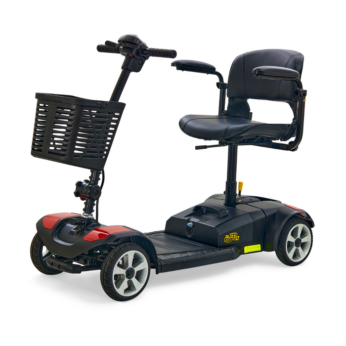 The Golden Tech GB108 Buzzaround LT is an FDA-approved red and black 4-wheel mobility scooter with a front basket, padded seat with armrests, compact design, and steering handlebar for convenient personal transportation.