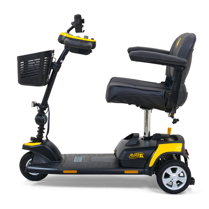 A side view of the Golden Tech GB121 Buzzaround XL 3-Wheel Portable Mobility Scooter in yellow and black shows a backrest, front basket, adjustable seat, and handle controls for enhanced features and increased range.