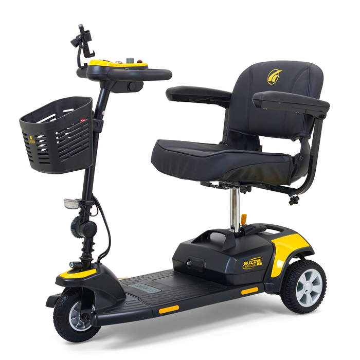Introducing the Golden Tech GB121 Buzzaround XL, a black and yellow 3-wheel portable scooter featuring enhanced range, a padded seat with armrests, intuitive handlebar controls, and a front basket for convenience.