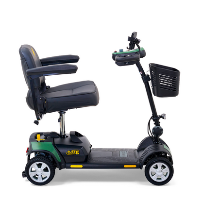 The Golden Tech GB124 Buzzaround XL 4-Wheel Portable Mobility Scooter, with its green and black design, provides excellent maneuverability. It features a padded seat, armrests, front basket, and an Extended Range Battery for longer trips.