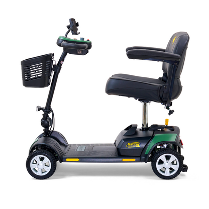 The Golden Tech GB124 Buzzaround XL 4-Wheel Portable Mobility Scooter offers a digital display tiller, black seat with armrests, and front basket. It features green-accented dark bodywork for better maneuverability and an extended range battery for efficient personal transport.