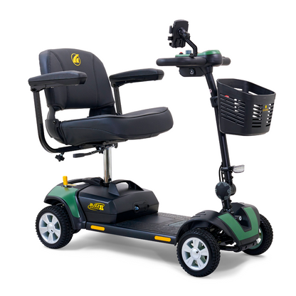 The Golden Tech GB124 Buzzaround XL 4-Wheel Portable Mobility Scooter in black and green offers improved maneuverability with a padded seat, armrests, handlebars, front basket, and device holder on a sturdy platform with traction wheels for enhanced range and stability.