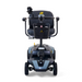 The Golden Tech GB124 Buzzaround XL 4-Wheel Portable Mobility Scooter features a front view with a padded seat, armrests, and basket. It offers enhanced maneuverability, has a sleek black and silver design, and includes handlebar controls with a display panel for easy navigation.