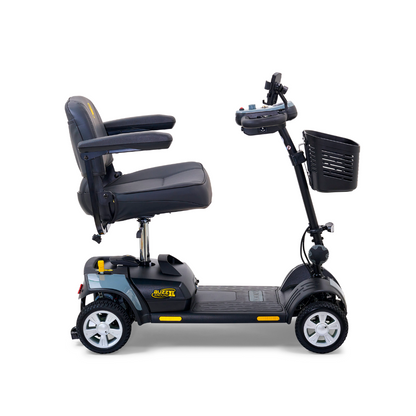 The Golden Tech GB124 Buzzaround XL 4-Wheel Portable Mobility Scooter in black includes a cushioned seat, armrests, control panel with handlebars, front basket, and side reflectors for improved maneuverability and an enhanced riding experience.