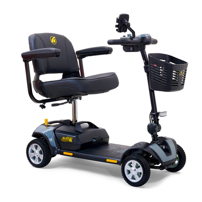 Introducing the Golden Tech GB124 Buzzaround XL 4-Wheel Portable Mobility Scooter—a sleek, black mobility solution with extended range battery, padded seat with armrests, handlebar control panel, and front basket for storage, all enhancing comfort and maneuverability.