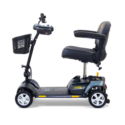 Side view of a Golden Tech GB124 Buzzaround XL 4-Wheel Portable Mobility Scooter, featuring a black design with comfortable seat and armrests, handlebar controls, front basket, improved maneuverability, and wheels with silver accents.