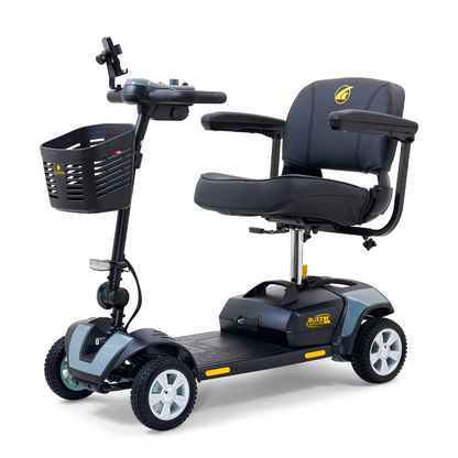 The Golden Tech GB124 Buzzaround XL 4-Wheel Portable Mobility Scooter features a padded seat with armrests, a front basket, and four wheels. Its Extended Range Battery, user-friendly controls, and robust frame provide impressive maneuverability for easy indoor and outdoor use.