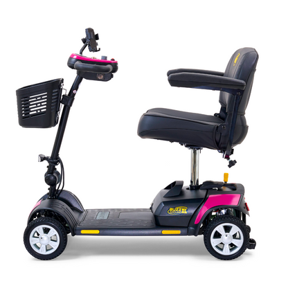 The Golden Tech GB124 Buzzaround XL 4-Wheel Portable Mobility Scooter offers enhanced maneuverability, a black seat with backrest on a dark frame, four wheels, a front basket, pink handlebar and rear accents, and prominently displays the BUZZAR name.