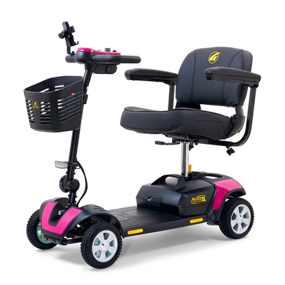 Discover the Golden Tech GB124 Buzzaround XL: a stylish 4-wheel portable mobility scooter with a pink and black design, padded seat, armrests, front basket, enhanced maneuverability control panel, and non-slip base for increased safety and range.