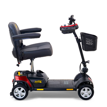 The Golden Tech GB124 Buzzaround XL 4-Wheel mobility scooter in red and black offers a cushioned seat with armrests, a handlebar control panel, and a front basket. Its user-friendly with an extended-range battery for longer trips, all in a compact design.