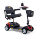 Introducing the Golden Tech GB124 Buzzaround XL, a 4-wheel portable mobility scooter with a red and black frame. It features improved maneuverability, a cushioned seat with armrests, handlebar with basket attachment, and an advanced control panel for enhanced riding experiences.