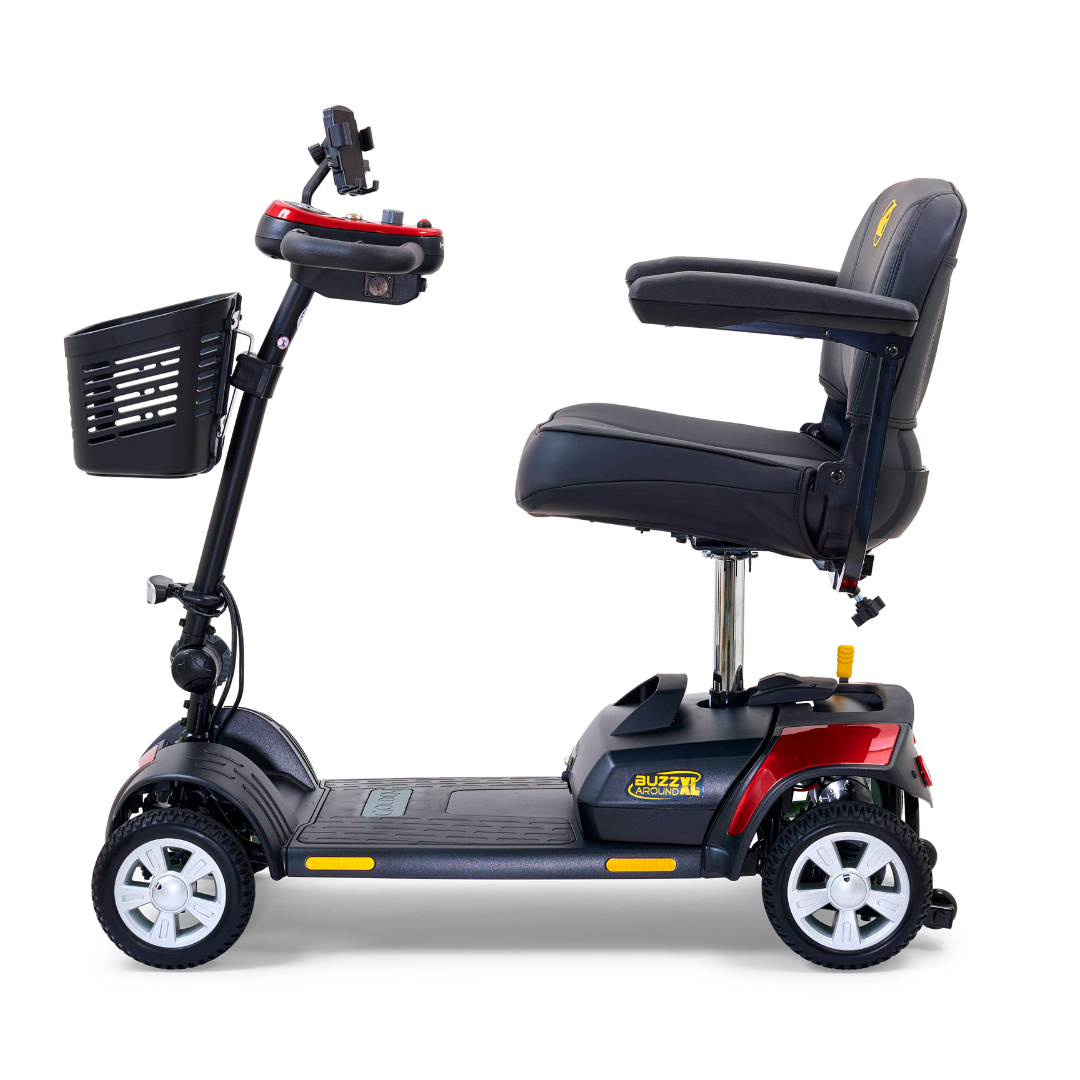 The Golden Tech GB124 Buzzaround XL 4-Wheel Portable Mobility Scooter offers enhanced maneuverability, featuring a black seat, handlebars, and front basket. Its red and black frame with silver wheels ensures comfortable personal transport with an extended range.