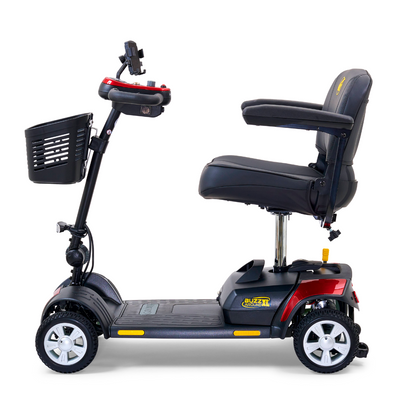The Golden Tech GB124 Buzzaround XL 4-Wheel Portable Mobility Scooter offers enhanced maneuverability, featuring a black seat, handlebars, and front basket. Its red and black frame with silver wheels ensures comfortable personal transport with an extended range.