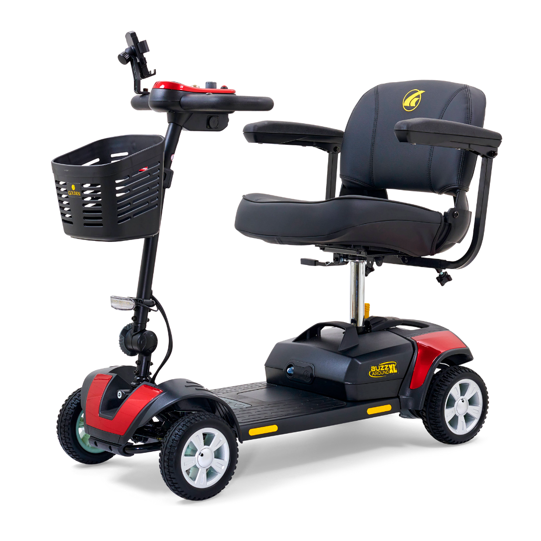 The Golden Tech GB124 Buzzaround XL 4-Wheel Portable Mobility Scooter comes in red and black, featuring a comfy seat, small front basket, and four wheels. Its handlebars are designed for better maneuverability, ensuring easy movement and accessibility.