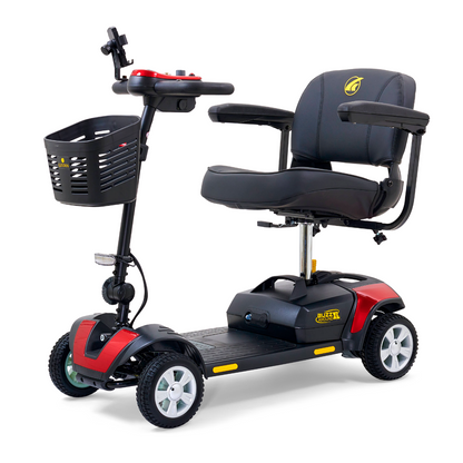 The Golden Tech GB124 Buzzaround XL 4-Wheel Portable Mobility Scooter comes in red and black, featuring a comfy seat, small front basket, and four wheels. Its handlebars are designed for better maneuverability, ensuring easy movement and accessibility.
