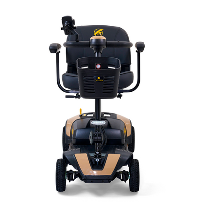 Front view of the Golden Tech GB124 Buzzaround XL 4-Wheel Portable Mobility Scooter in black and beige. It boasts enhanced maneuverability, a cushioned seat with armrests, and a tiller with handlebars.