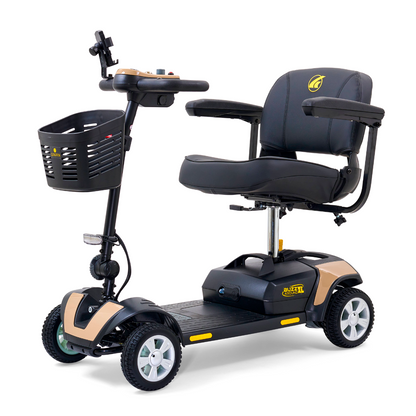 Introducing the Golden Tech GB124 Buzzaround XL, a black and gold 4-wheel mobility scooter with a comfy seat, armrests, intuitive control panel, and front basket. Its extended range battery makes it the ideal companion for any journey.