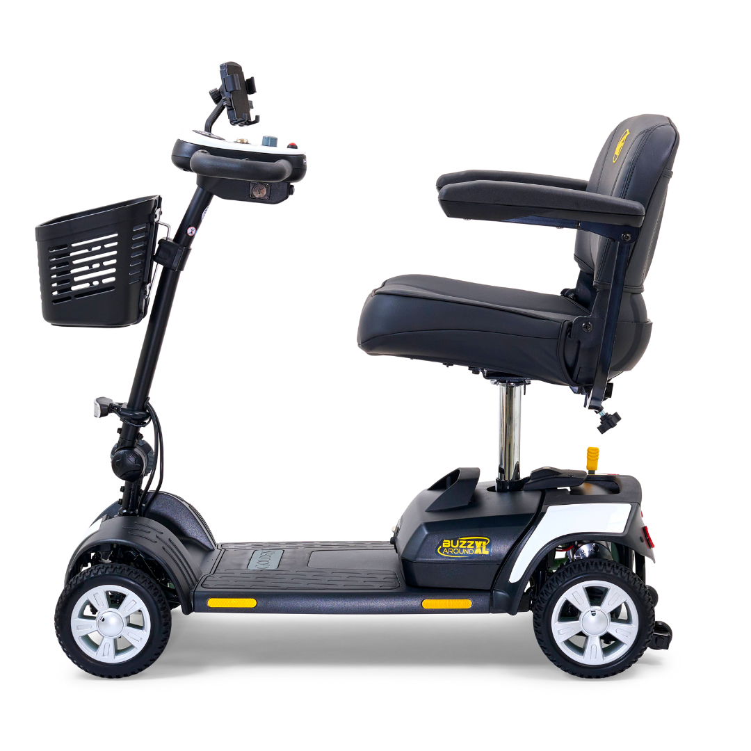 The Golden Tech GB124 Buzzaround XL 4-Wheel Portable Mobility Scooter in black features an extended range battery, a comfortable seat with armrests, a front basket, and handlebar controls. This compact scooter is ideal for daily use.