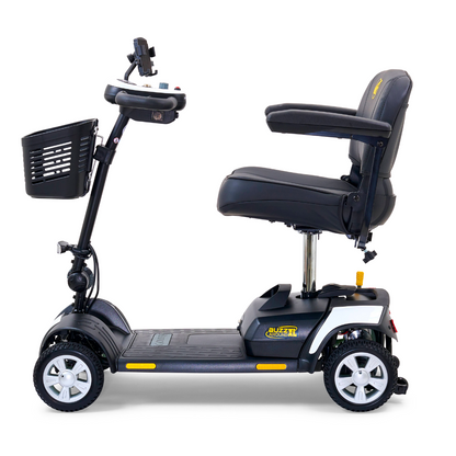 The Golden Tech GB124 Buzzaround XL 4-Wheel Portable Mobility Scooter in black features an extended range battery, a comfortable seat with armrests, a front basket, and handlebar controls. This compact scooter is ideal for daily use.