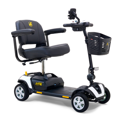 Check out the Golden Tech GB124 Buzzaround XL, a sleek 4-wheel portable mobility scooter in black and white, with a cushioned seat, armrests, handlebar controls, and a front basket. Its modern design and extended range battery offer comfortable personal transportation.