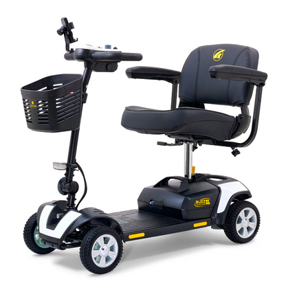 The Golden Tech GB124 Buzzaround XL 4-Wheel Portable Mobility Scooter features a four-wheel design, black cushioned seat and armrests, an extended range battery, front basket on the steering column, and handlebar controls. Its compact and sleek build makes it ideal for easy transport.