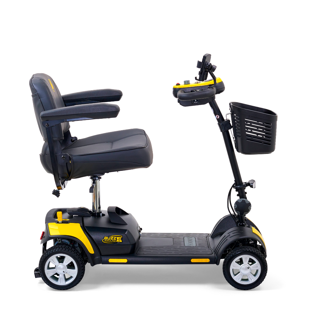 Introducing the Golden Tech GB124 Buzzaround XL 4-Wheel Portable Mobility Scooter: a sleek black scooter with yellow accents, featuring a padded seat, armrests, extended range battery, control panel with handlebars, and front storage basket for convenience.