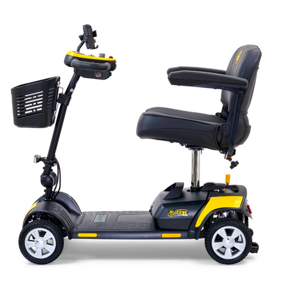 The Golden Tech GB124 Buzzaround XL 4-Wheel Portable Mobility Scooter in black and yellow has a padded seat with armrests, a front basket, and a handlebar control panel. It offers an extended range battery and a low, sturdy base for stability.