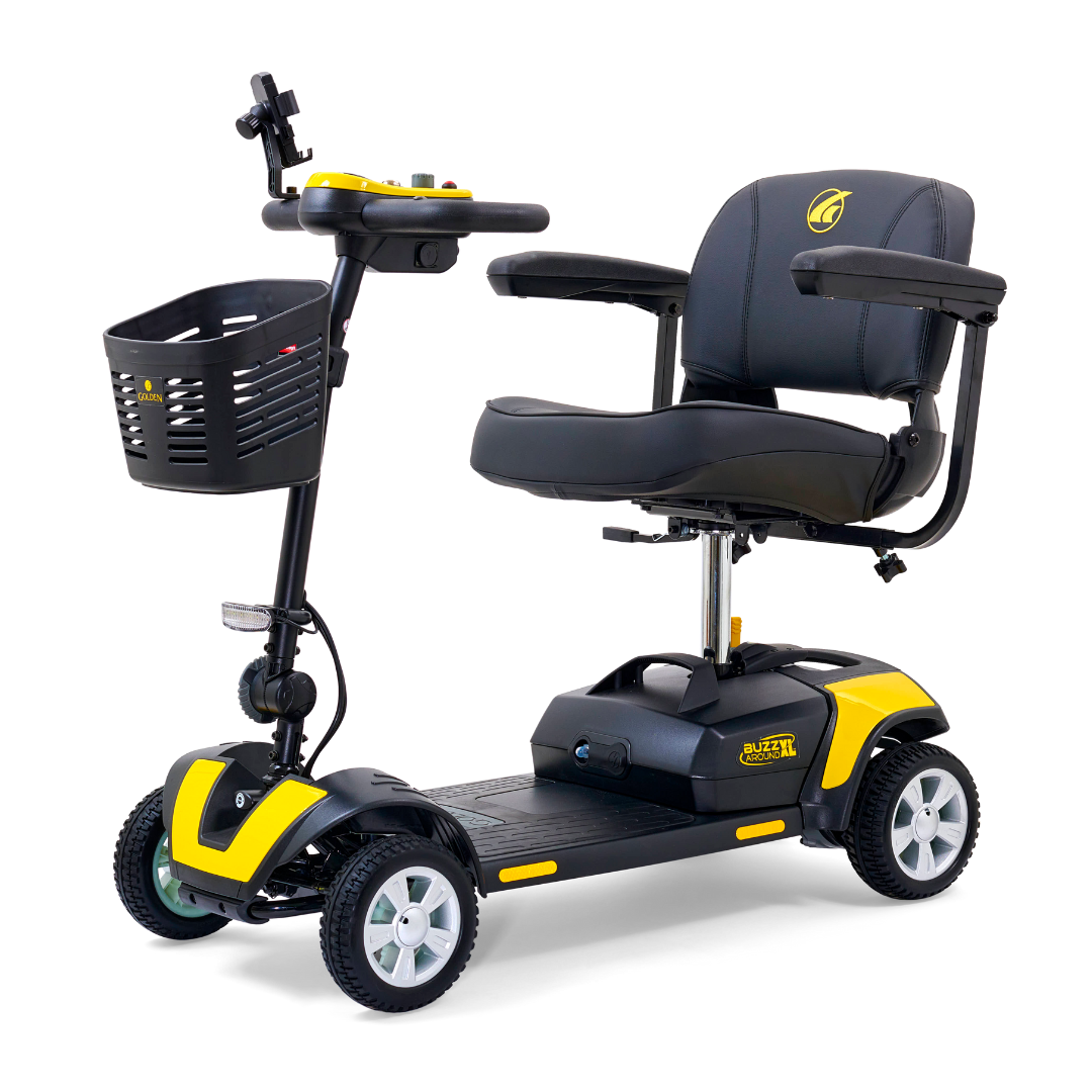 The Golden Tech GB124 Buzzaround XL 4-Wheel Portable Mobility Scooter is compact and striking with its yellow and black design, featuring an extended range battery, padded seat with armrests, handlebar controls, and a small front basket for enhanced stability and maneuverability.