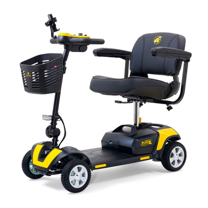 The Golden Tech GB124 Buzzaround XL 4-Wheel Portable Mobility Scooter is compact and striking with its yellow and black design, featuring an extended range battery, padded seat with armrests, handlebar controls, and a small front basket for enhanced stability and maneuverability.