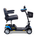 Introducing the Golden Tech GB124 Buzzaround XL, a 4-wheel portable mobility scooter in blue and black. It offers enhanced maneuverability, a wide padded seat with armrests, handlebar controls, a front basket, and sturdy wheels for convenient and comfortable transport.