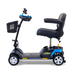 The Golden Tech GB124 Buzzaround XL 4-Wheel Portable Mobility Scooter is blue and black, featuring an extended range battery, cushioned seat, digital handlebar display, front basket, and an angle-adjustable LED headlight for convenient personal transportation.