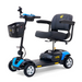 The Golden Tech GB124 Buzzaround XL 4-Wheel Portable Mobility Scooter is a black and blue model with a cushioned seat, armrests, four wheels, handlebar basket, angle-adjustable LED headlight for improved visibility, and an extended range battery for compact yet efficient personal transportation.