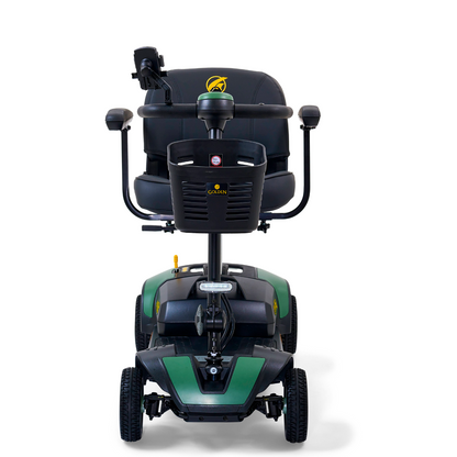 Front view of a green and black Golden Tech GB124 Buzzaround XL 4-Wheel Portable Mobility Scooter featuring a padded seat, handlebars, and four wheels. Designed for easy transport and accessibility, it offers impressive maneuverability for smooth navigation in various settings.