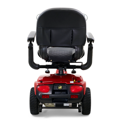 The Golden Tech GC340 Companion Scooter, seen from the back, features a red design with four wheels, a black cushioned high-back stadium-style seat, and armrests. Its adjustable tiller and sturdy base ensure comfortable transport.