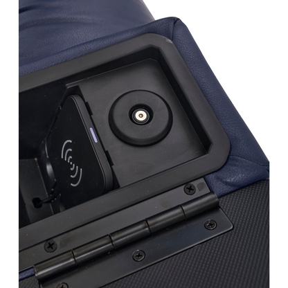 Close-up of a built-in wireless charging pad and circular power port inside the compartment of a Golden Tech PR525 Cloud+ Recliner With Lift Assist & Twilight - SM, possibly in the blue upholstered armrest.