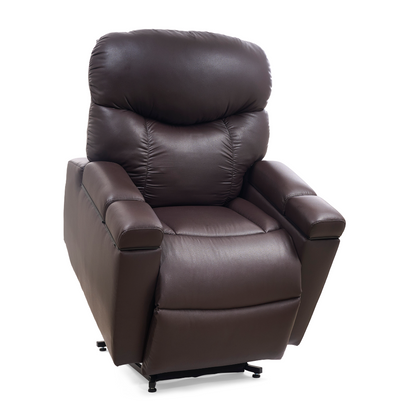 The Golden Tech PR525 Cloud+ Recliner With Lift Assist & Twilight - SM is a dark brown leather chair featuring cushioned armrests and backrest, shown against a white background.