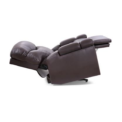 The Golden Tech PR525 Cloud+ Recliner With Lift Assist & Twilight - SM, in brown leather, fully extended to show padded armrests, cushioned memory foam seat, and raised footrest, isolated on a white background.
