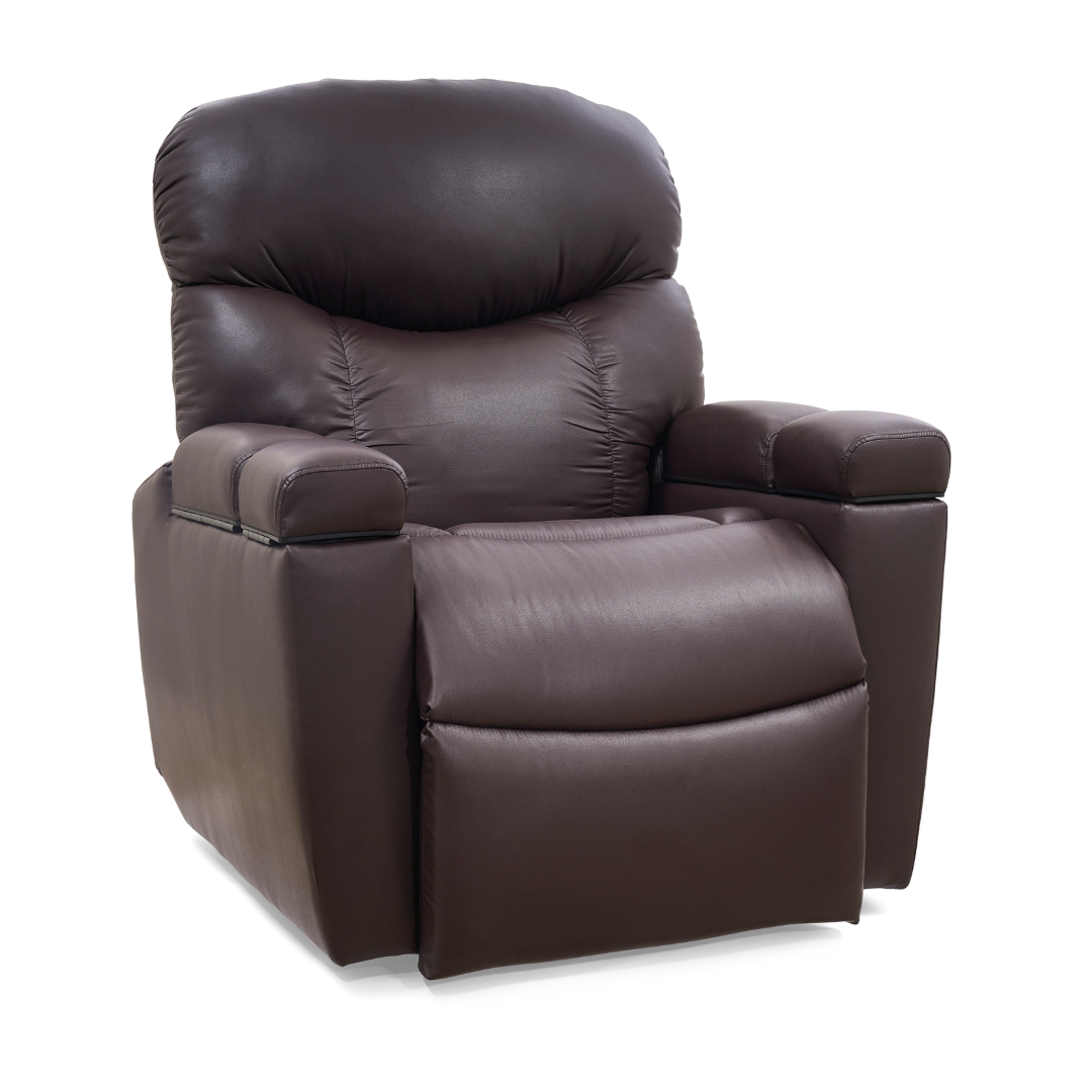 The Golden Tech PR525 Cloud+ Recliner With Lift Assist & Twilight - SM is a plush, dark brown leather power lift recliner with padded armrests and a cushioned backrest, shown against a white background.