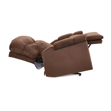 The Golden Tech PR525 Cloud+ Recliner With Lift Assist & Twilight - SM is a brown, plush upholstered power lift chair with a memory foam seat, fully extended with a raised footrest and tilted backrest for exceptional comfort.