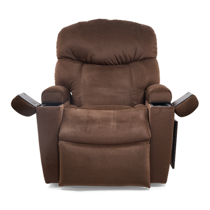 The Golden Tech PR525 Cloud+ Recliner With Lift Assist & Twilight - SM features plush brown memory foam, padded armrests with hidden storage, an extended footrest, and a reclined position for maximum comfort.