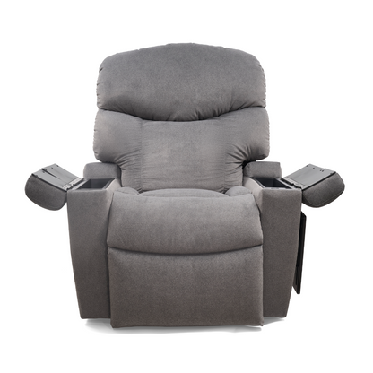 The Golden Tech PR525 Cloud+ Recliner With Lift Assist & Twilight - SM in plush gray features padded armrests and built-in trays on both sides, shown from the front against a white background.