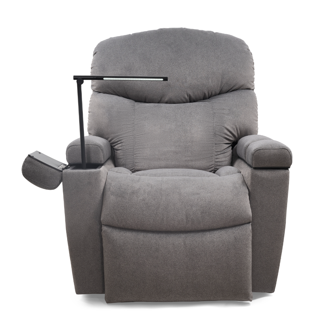 The Golden Tech PR525 Cloud+ Recliner With Lift Assist & Twilight - SM is a gray upholstered memory foam chair featuring a built-in side tray and attached reading lamp, shown against a white background.