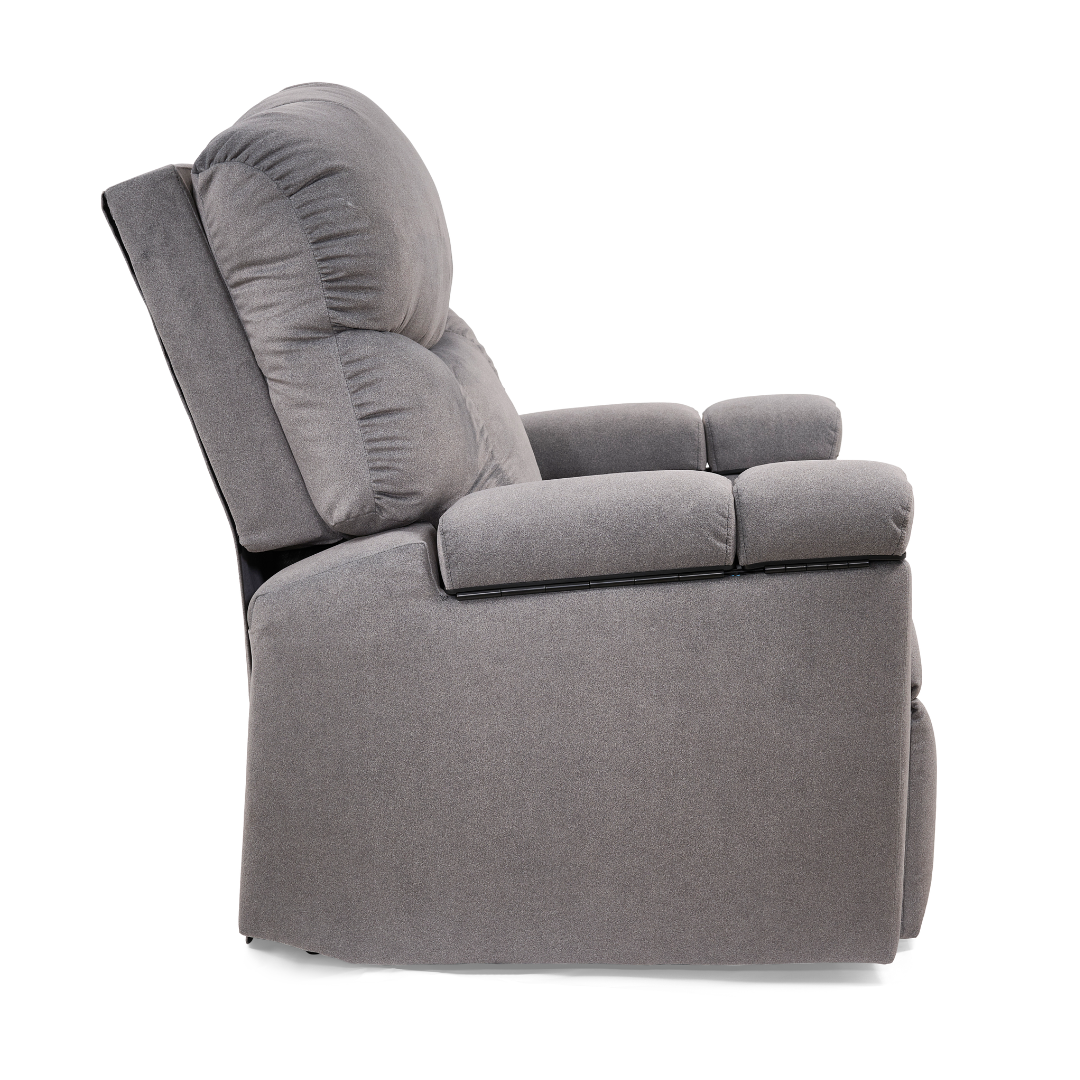Side view of the Golden Tech PR525 Cloud+ Recliner With Lift Assist & Twilight - SM, gray upholstery, plush cushions, and padded armrests, isolated on a white background.